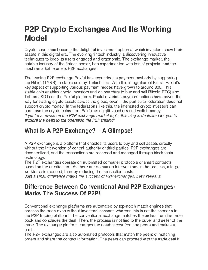 p2p crypto exchanges and its working model crypto