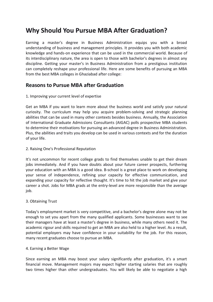 why should you pursue mba after graduation