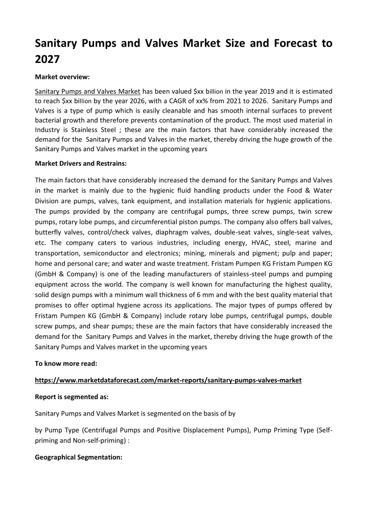 sanitary pumps and valves market size