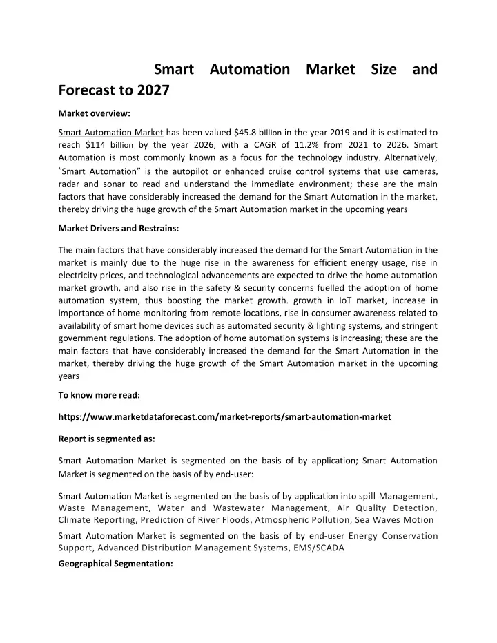 smart automation market size and forecast to 2027