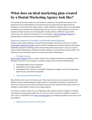 What does an ideal marketing plan created by a Dental Marketing Agency look like