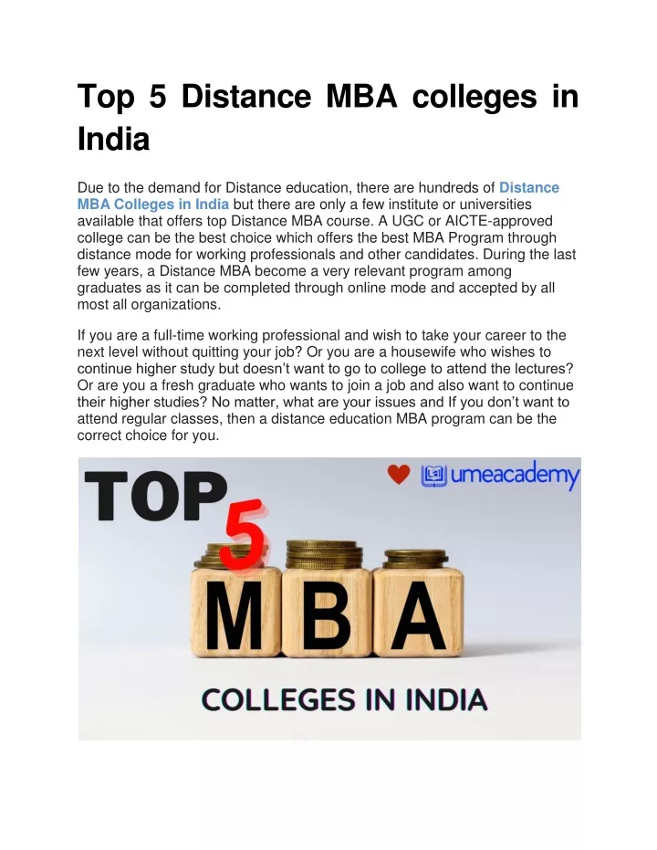 top 5 distance mba colleges in india