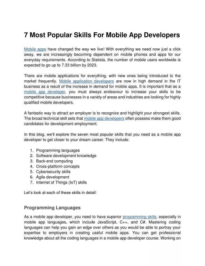 7 most popular skills for mobile app developers