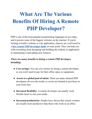 What Are The Various Benefits Of Hiring A Remote PHP Developer?