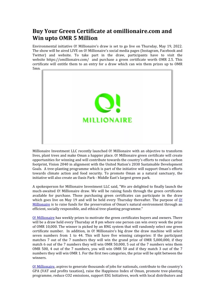 buy your green certificate at omillionaire