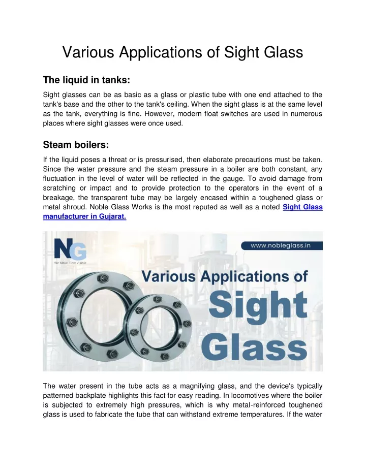 various applications of sight glass