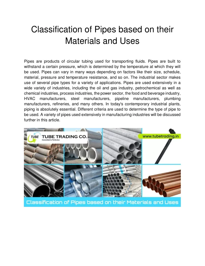 classification of pipes based on their materials