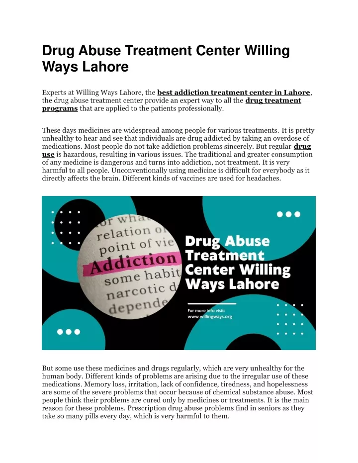 drug abuse treatment center willing ways lahore