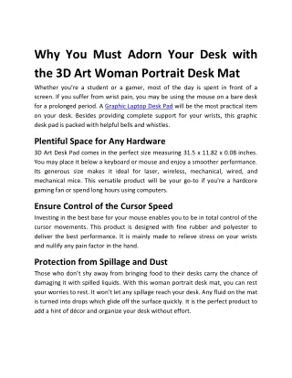 Woman Portrait Desk Mat – 3D Art Desk Pad – Graphic Laptop Desk Mat