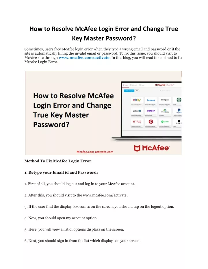 how to resolve mcafee login error and change true