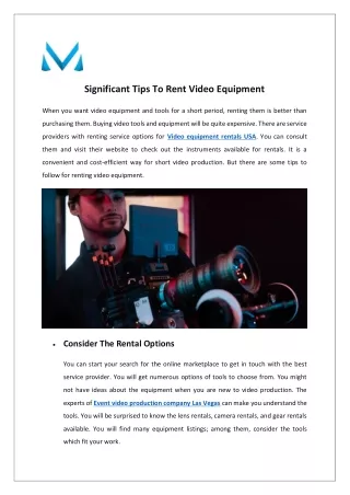 Significant Tips To Rent Video Equipment