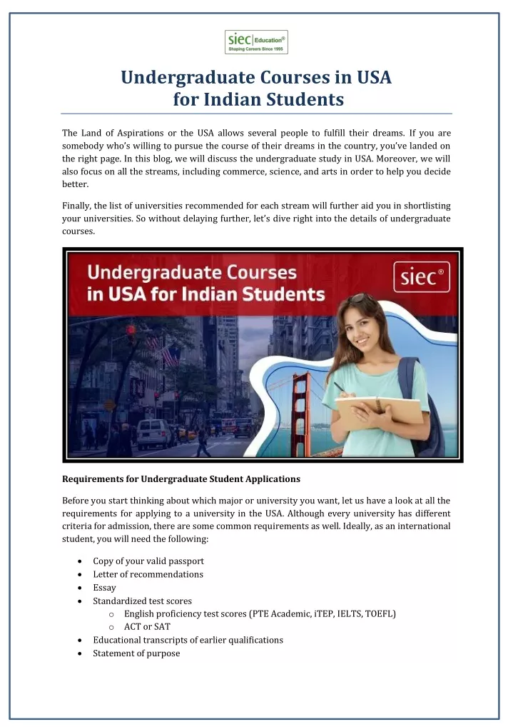 undergraduate courses in usa for indian students