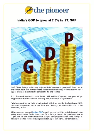 India’s GDP to grow at 7.3%  in 23 S&P