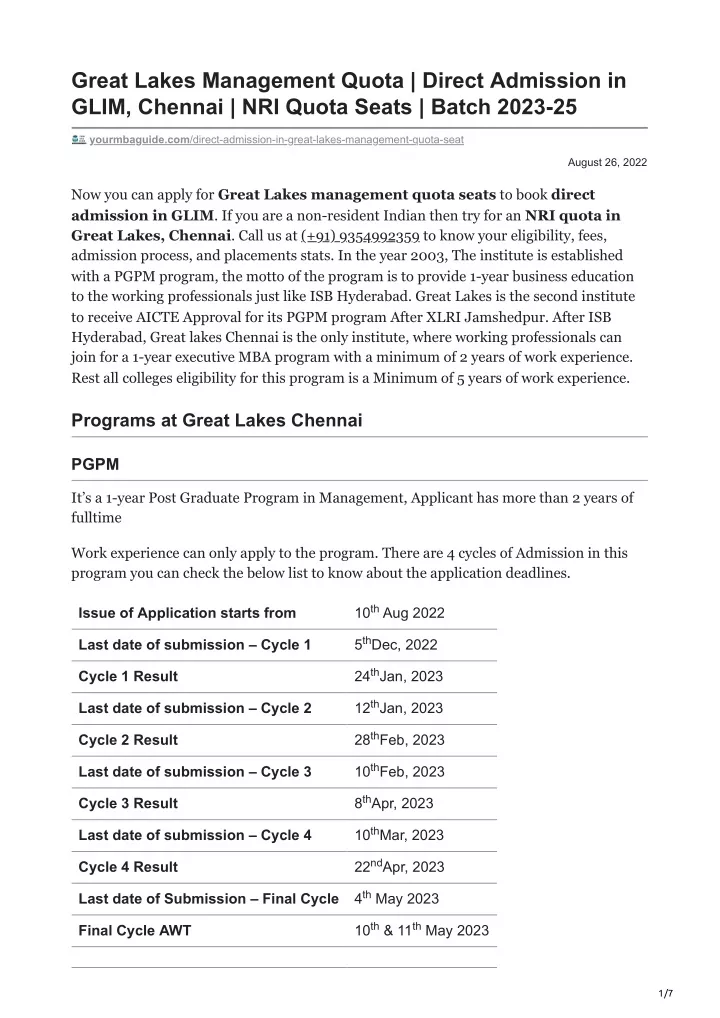 great lakes management quota direct admission