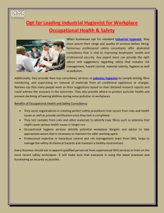 Opt for Leading Industrial Hygienist for Workplace Occupational Health & Safety