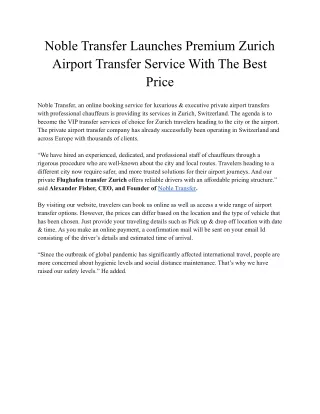 Noble Transfer Launches Premium Zurich Airport Transfer Service