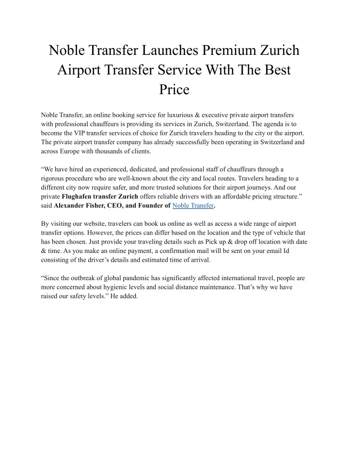 noble transfer launches premium zurich airport