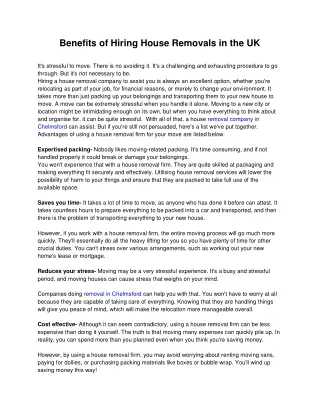 Benefits of Hiring House Removals in the UK