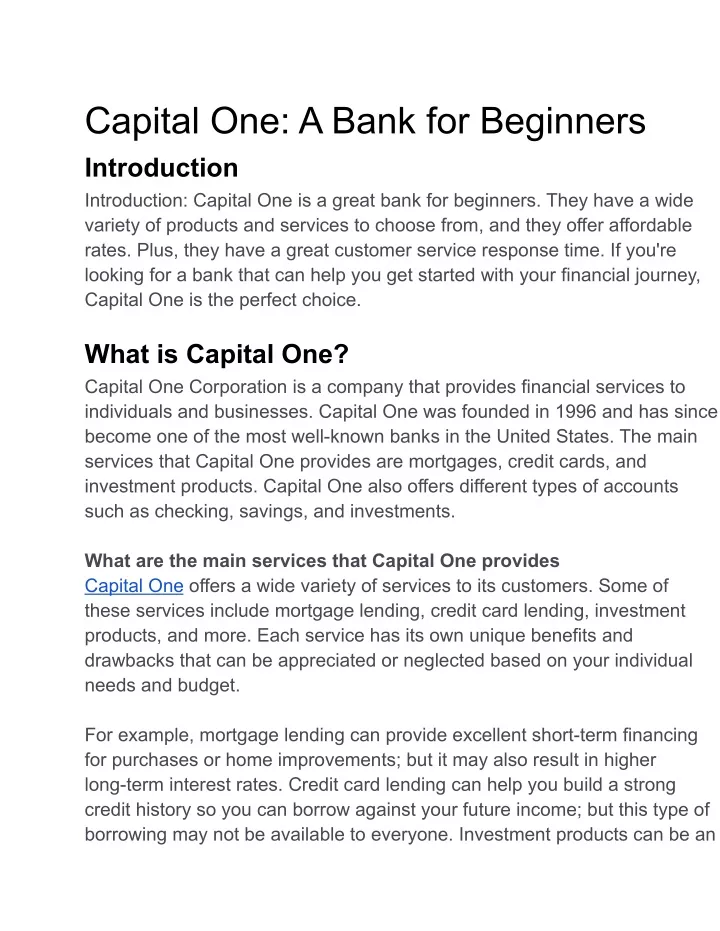 capital one a bank for beginners introduction