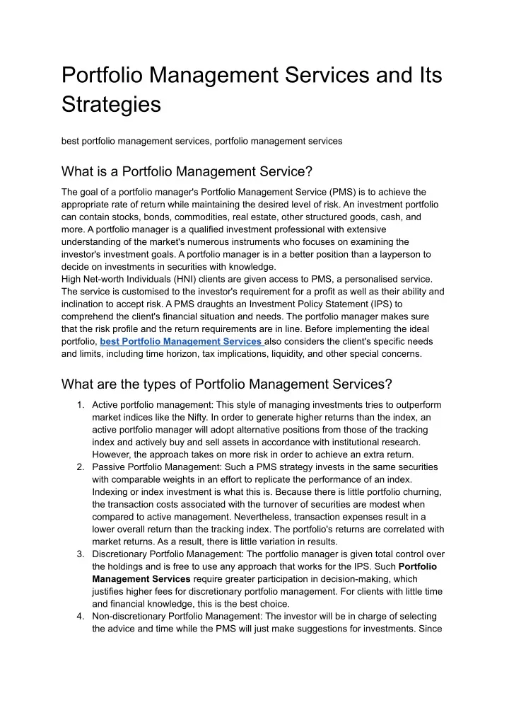 portfolio management services and its strategies