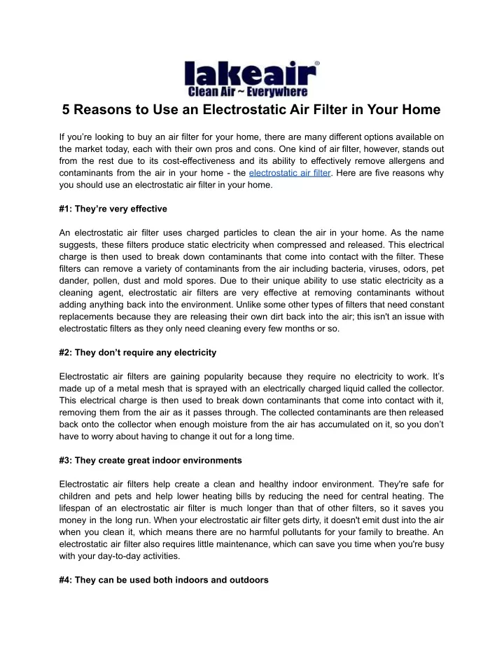 5 reasons to use an electrostatic air filter