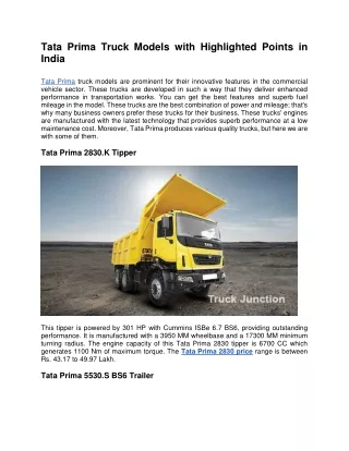 Tata Prima Truck Models with Highlighted Points in India