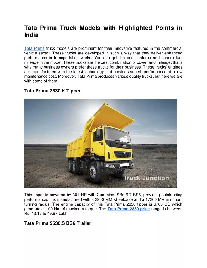 tata prima truck models with highlighted points