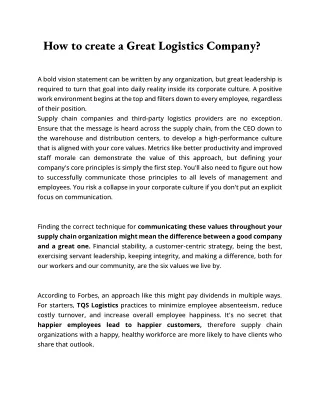 how to create a great logistics company