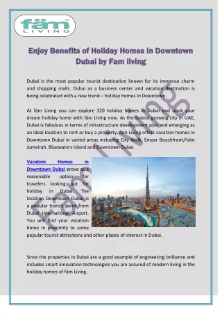 Enjoy Benefits of Holiday Homes in Downtown Dubai by Fam living