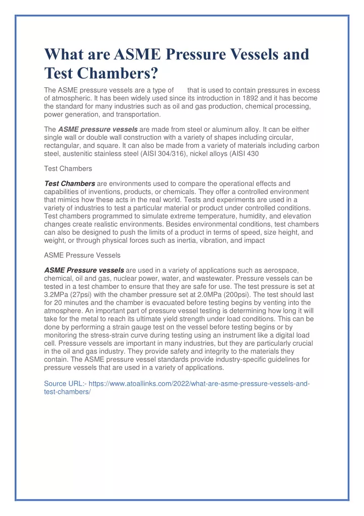 what are asme pressure vessels and test chambers