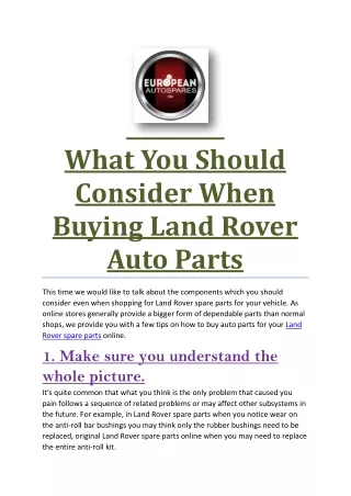What You Should Consider When Buying Land Rover Auto Parts