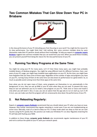 Two Common Mistakes That Can Slow Down Your PC in Brisbane