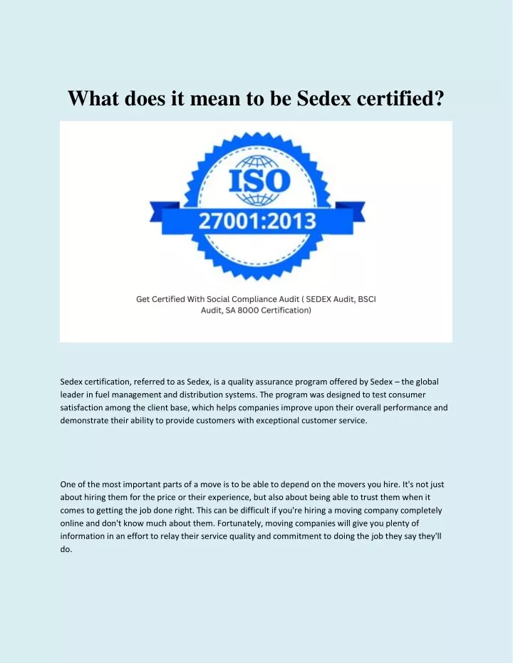 what does it mean to be sedex certified