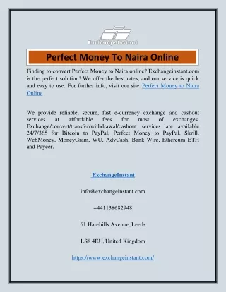 Perfect Money To Naira Online  Exchangeinstant