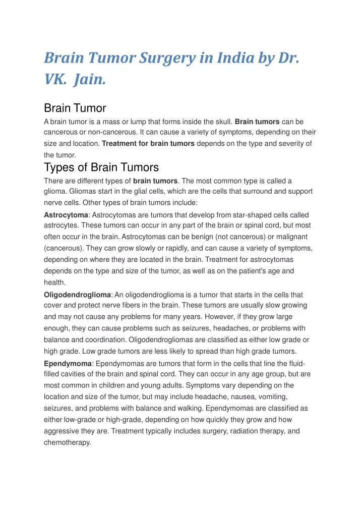 brain tumor surgery in india by dr vk jain