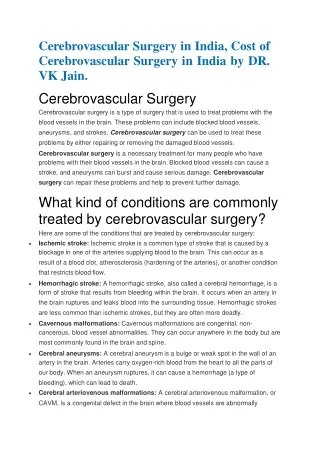 Cerebrovascular Surgery in India, Cost of Cerebrovascular Surgery in India