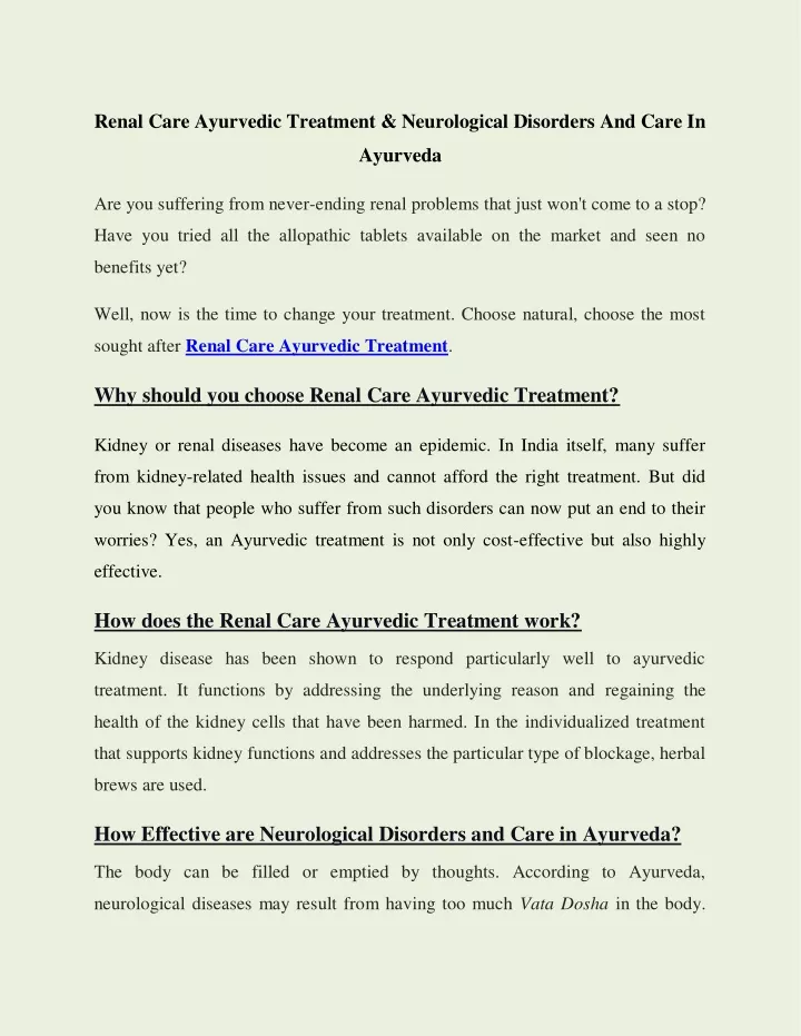 renal care ayurvedic treatment neurological