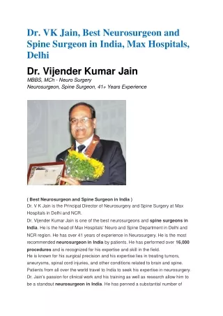 Dr. VK Jain, Best Neurosurgeon and Spine Surgeon in India, Max Hospitals, Delhi