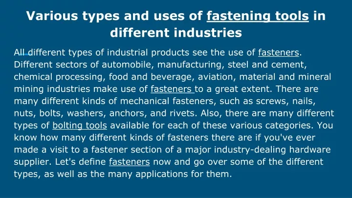 various types and uses of fastening tools