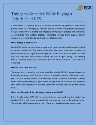 Things to Consider While Buying a Refurbished UPS