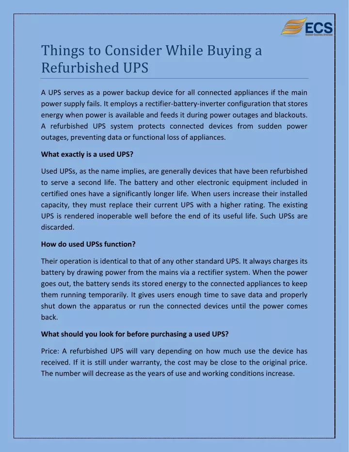 things to consider while buying a refurbished ups