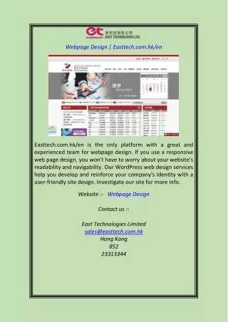 Webpage Design Easttech.com.hken