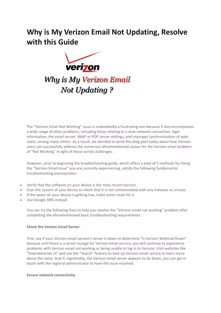why is my verizon email not updating resolve with