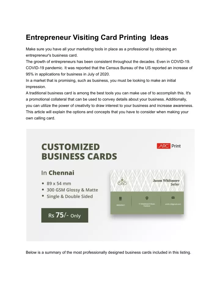 entrepreneur visiting card printing ideas