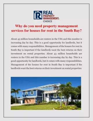 Why do you need property management services for houses for rent in the South Bay