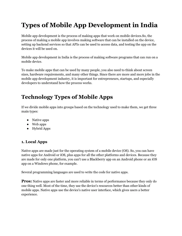 types of mobile app development in india mobile