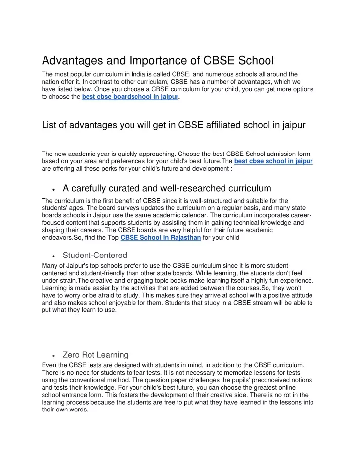 advantages and importance of cbse school the most