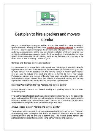 Best plan to hire a packers and movers domlur