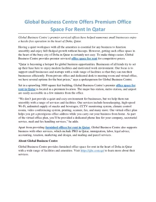 Global Business Centre Offers Premium Office Space For Rent In Qatar