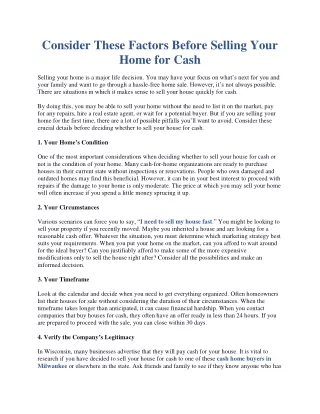 Consider These Factors Before Selling Your Home for Cash